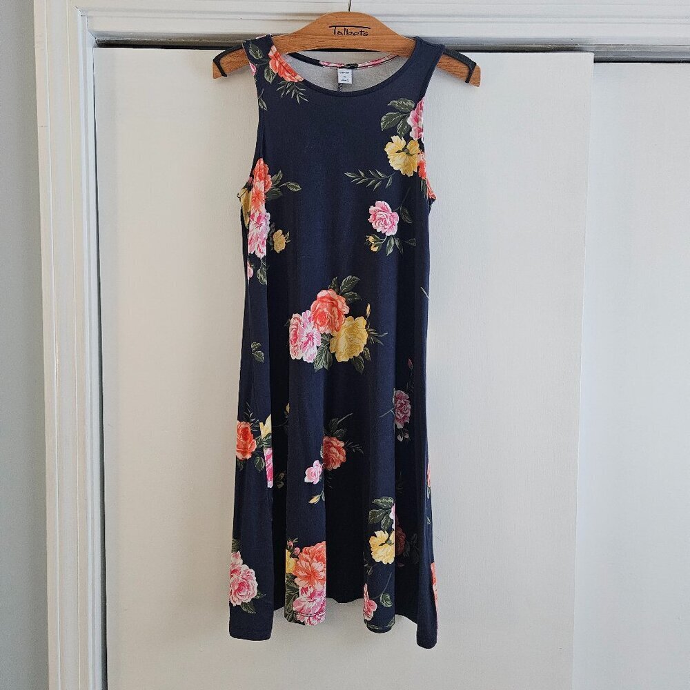 Old Navy Navy Blue Floral Print Sleeveless Jersey Swing XS Dress - Picture 2 of 6